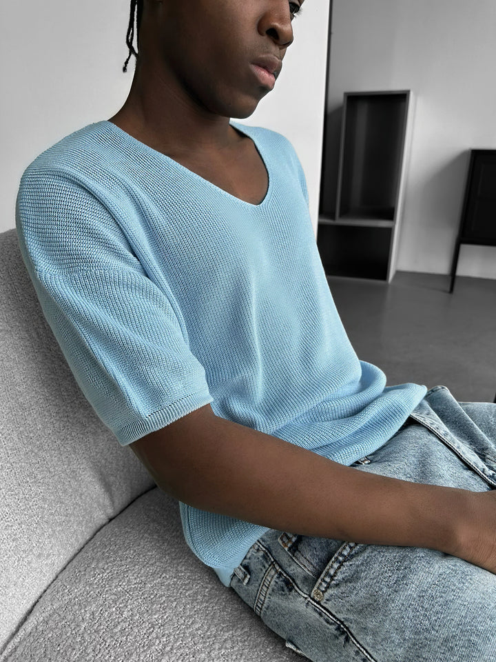 Oversize Long Knit T-Shirt - Babyblue