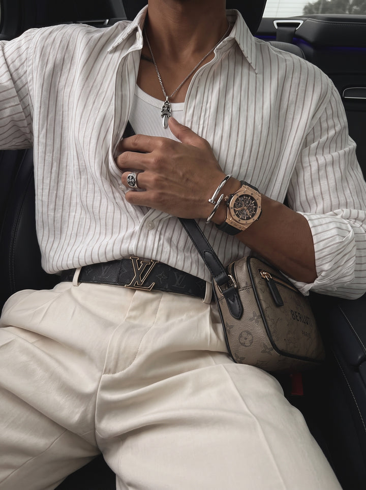 Oversize Cotton Thin Striped Shirt - Ecru and Camel