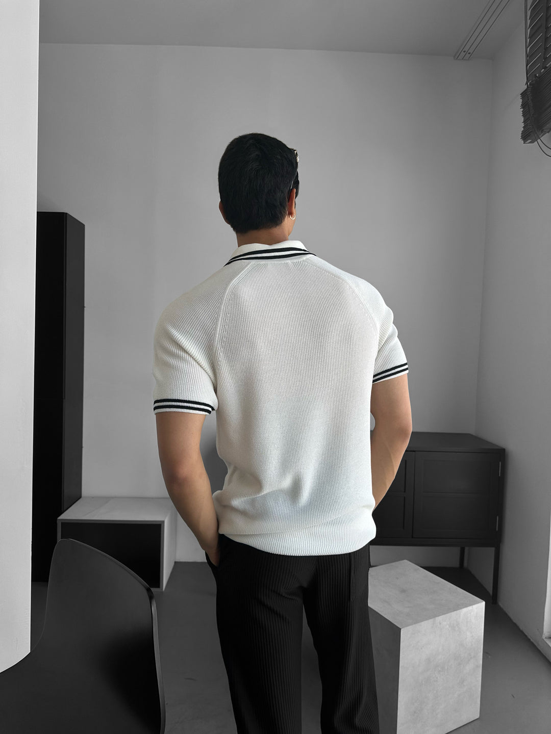 Slim Fit Half-Zip Embroidered Polo T-shirt - Ecru and Black