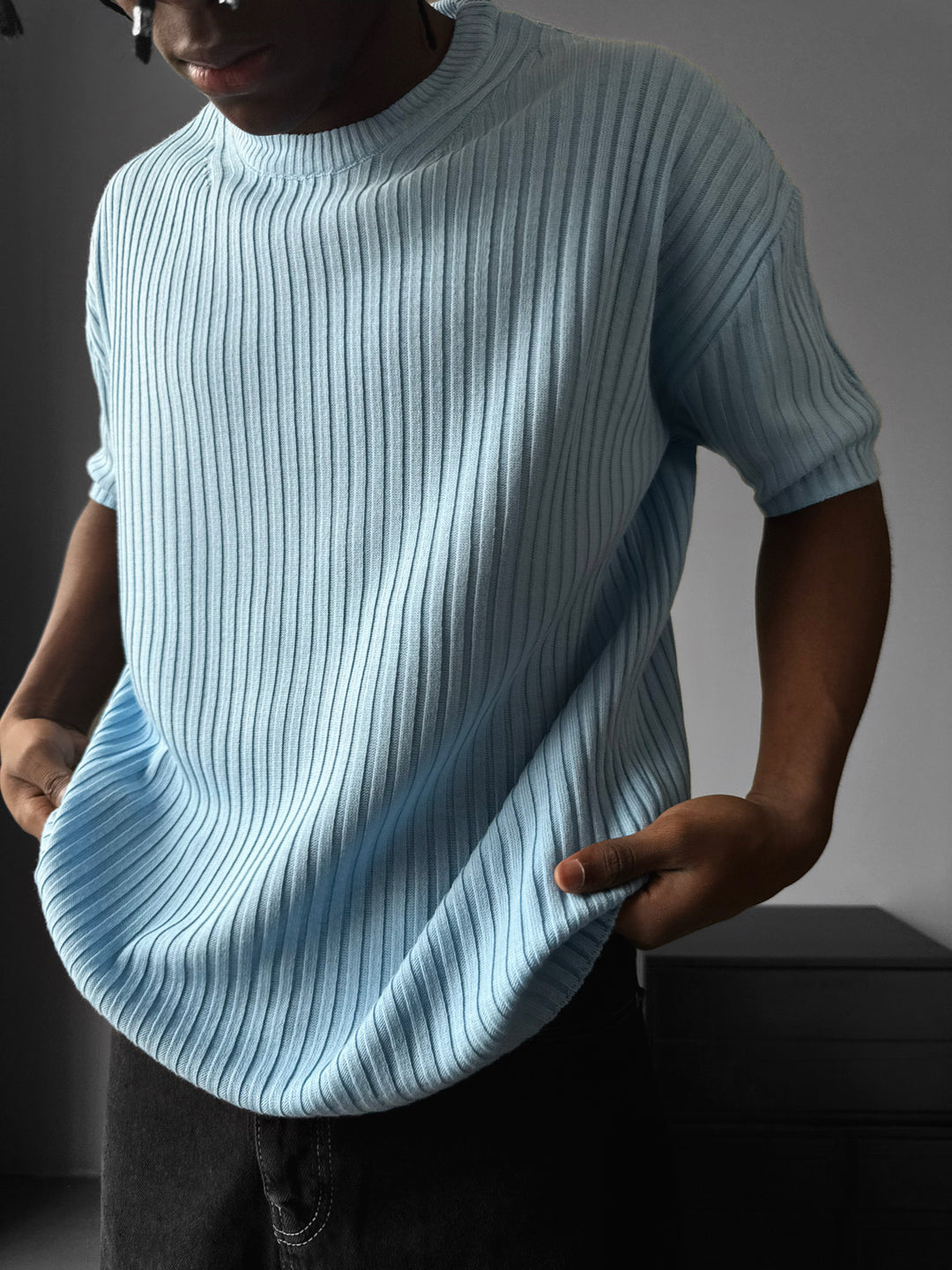 Loose Fit Ribbed Knit T-Shirt - Babyblue