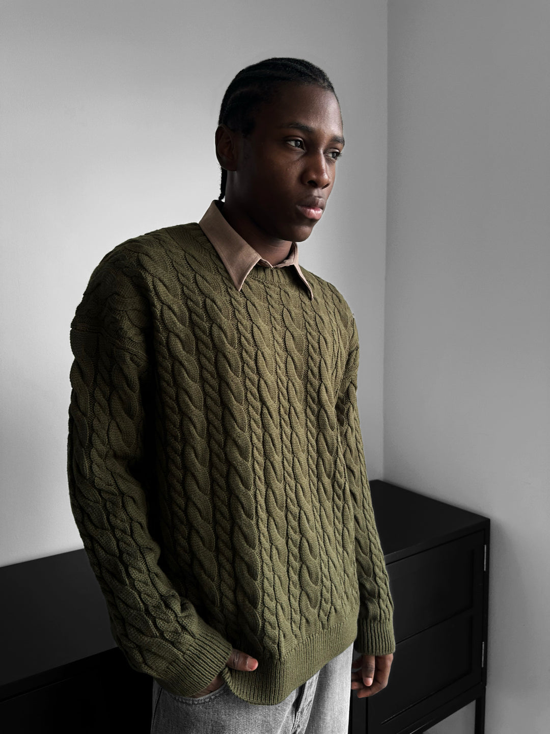 Oversize Knit Braid Sweater - Khaki