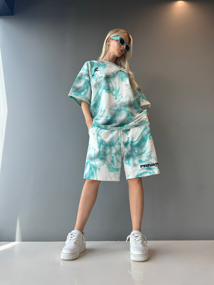 Oversize Private Smoke Shorts - White and Turquoises