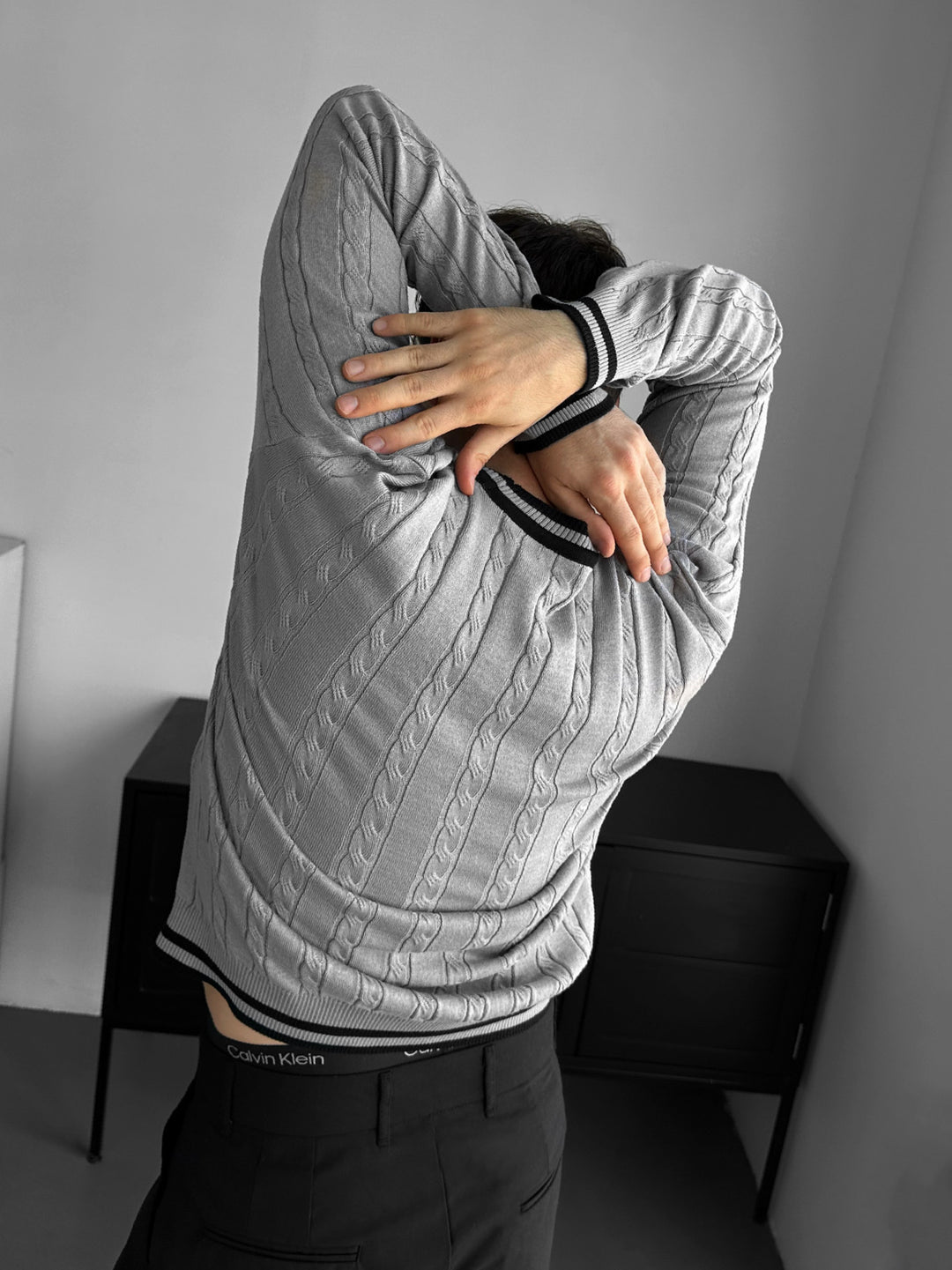 Regular Fit Braid Knit Sweater - Grey