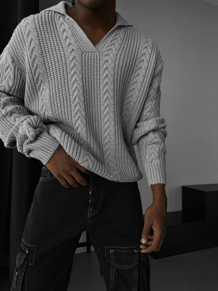 Oversize Braided Structure Polo Sweater - Grey