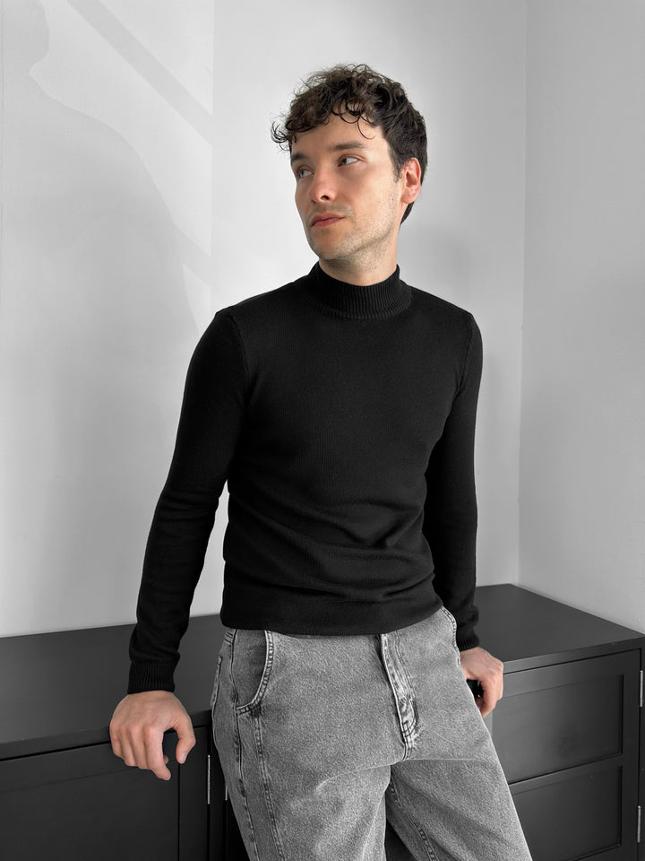 Loose Fit Half Neck Pullover - Black