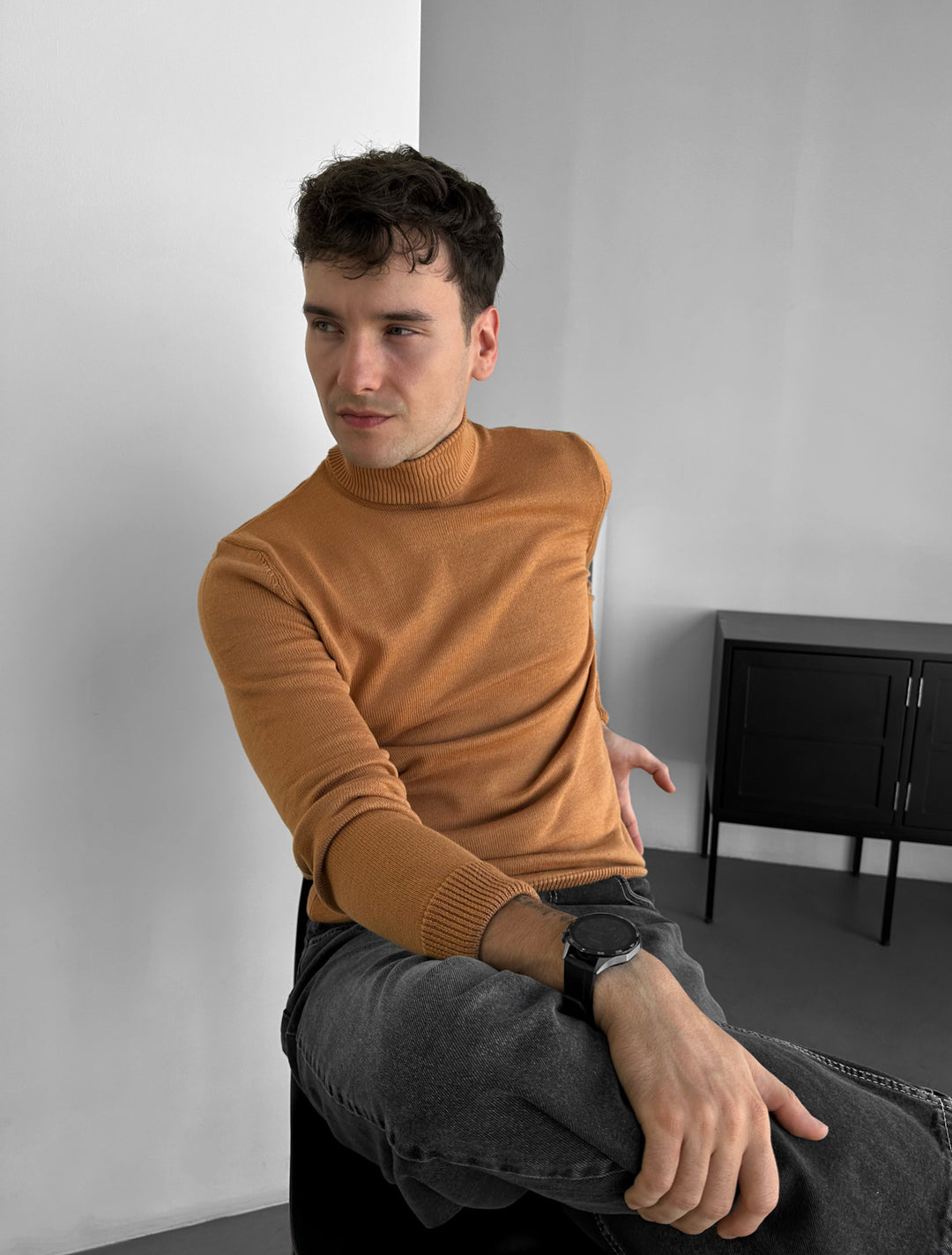 Slim Fit Long Neck Pullover -Camel