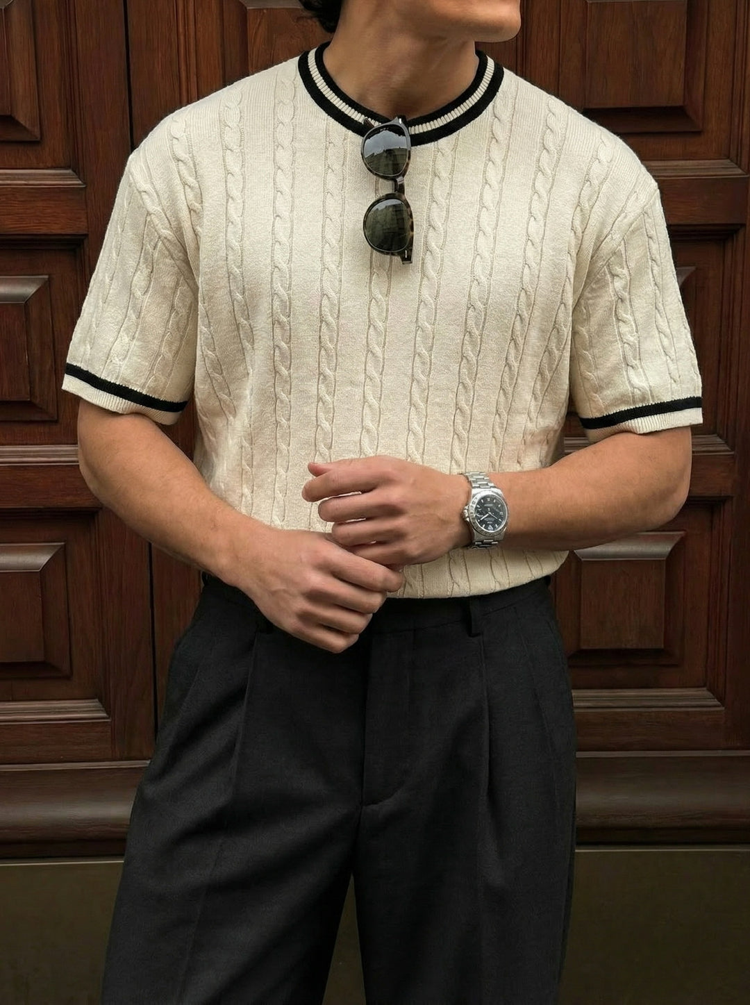 Regular Fit Braid Knit T-shirt - Cream