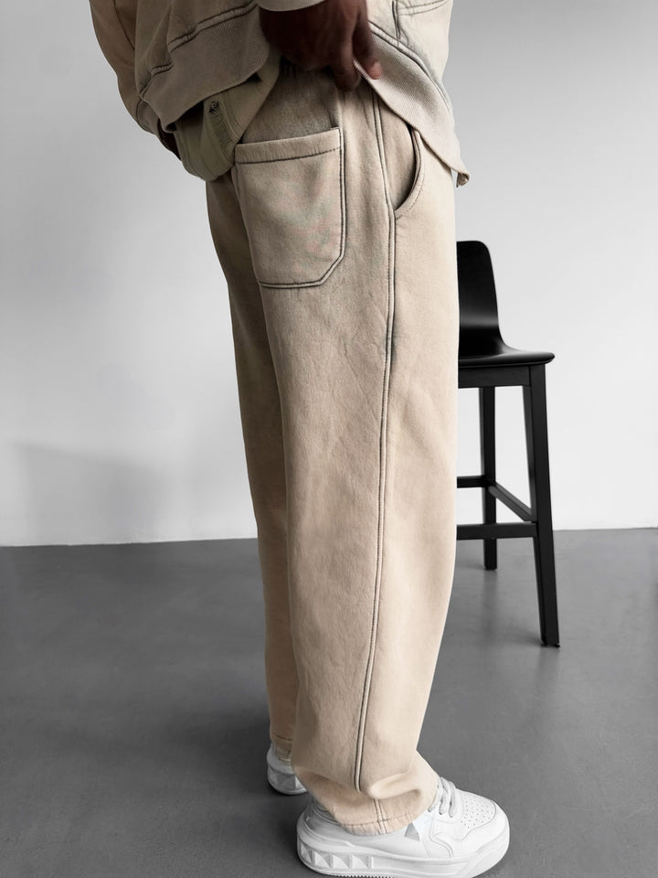 Loose Fit Washed Zipper Trousers - Stone