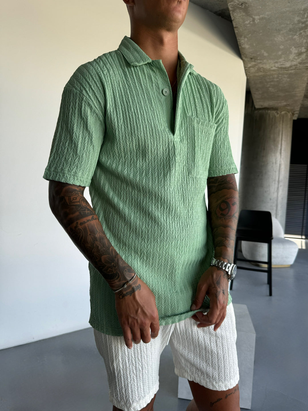 Oversize Structured Polo T-Shirt - Quiet Green