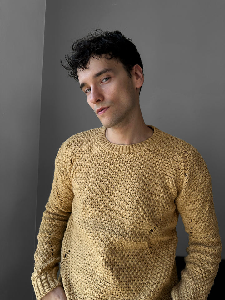 Regular Fit Textured Torn Sweater - Saffron
