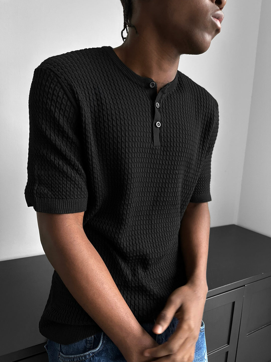Regular Fit Waffle Button T-shirt - Black