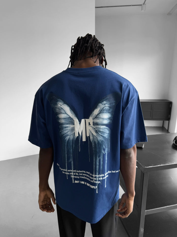 Oversize 'Like a Butterfly' T-Shirt - Navy Peony