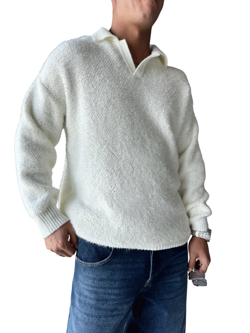 Knit Collar Brushed Pullover - Ecru