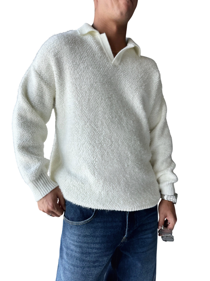 Knit Collar Brushed Pullover - Ecru