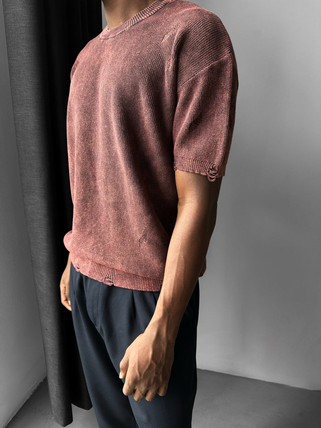 Oversize Knit Torn T-Shirt - Bordeaux