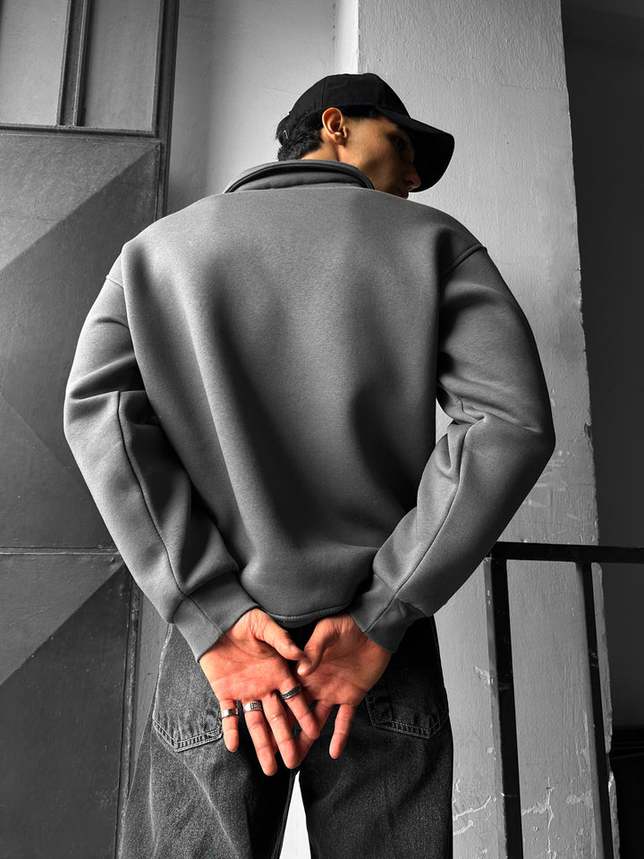 Oversize Basic Polo Sweatshirt - Anthracite