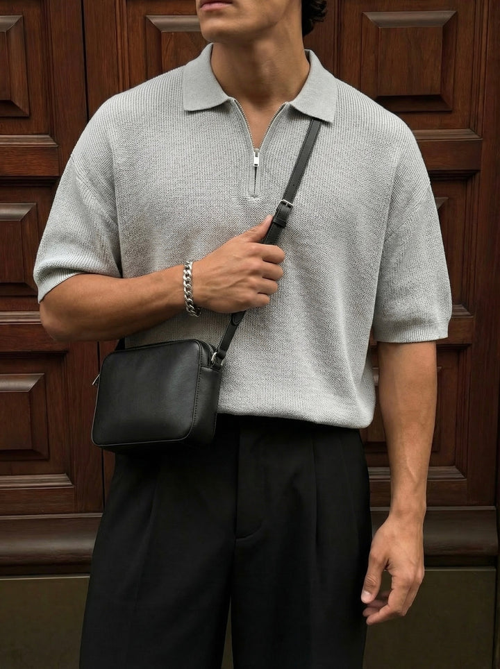 Oversize Zipper Knit Polo T-shirt - Grey