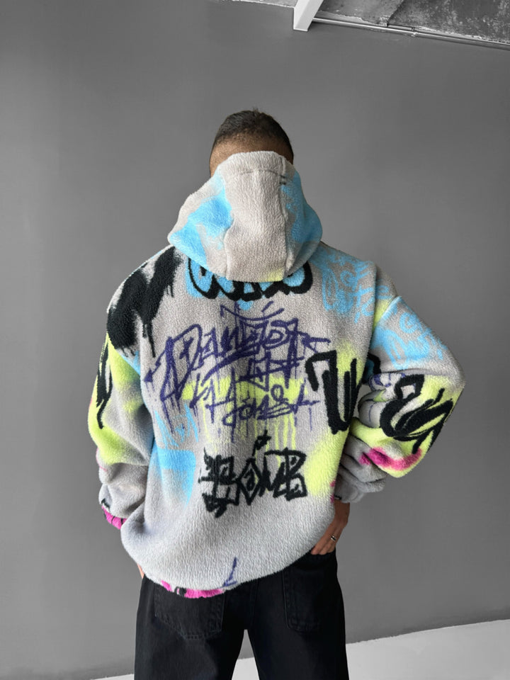 Oversize Graffity Plush Zipper Hoodie - Grey