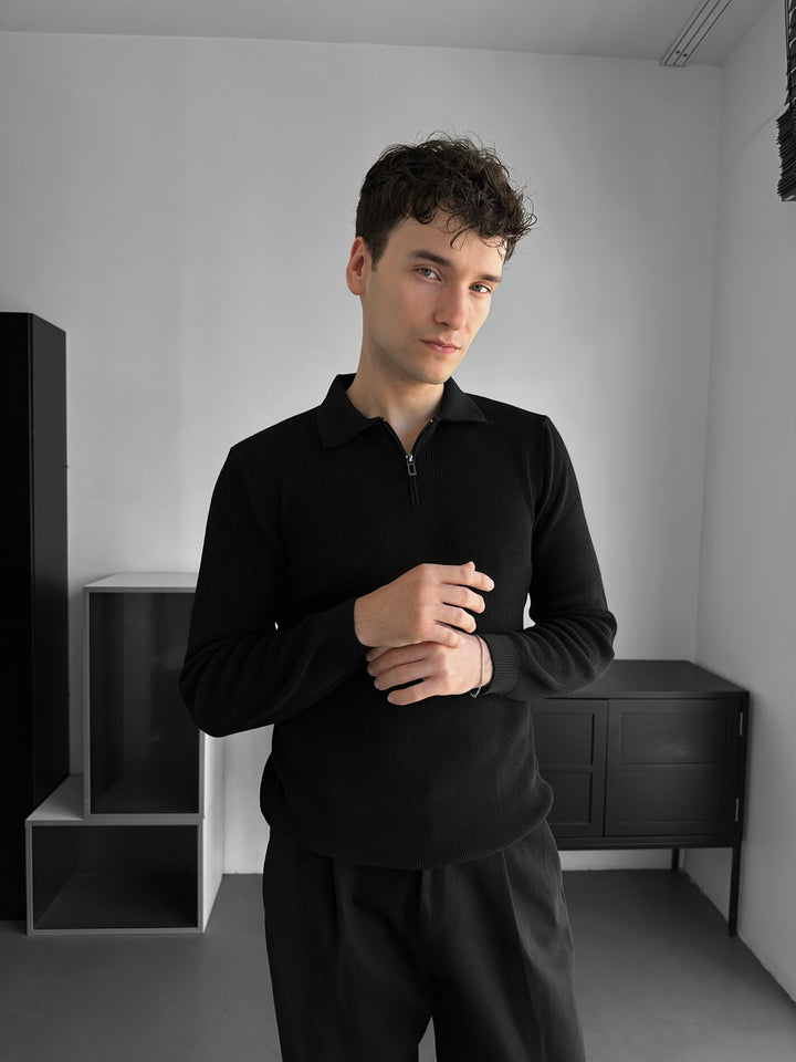 Loose Fit Polo Knit Sweater - Black