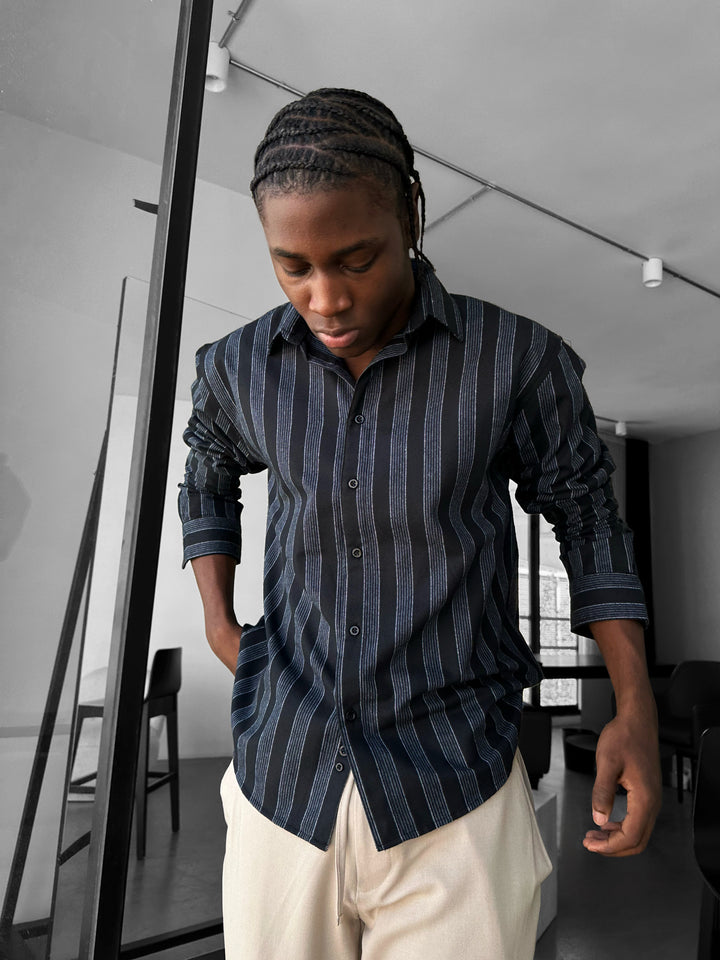 Thick Striped Winter Shirt - Navy Blue