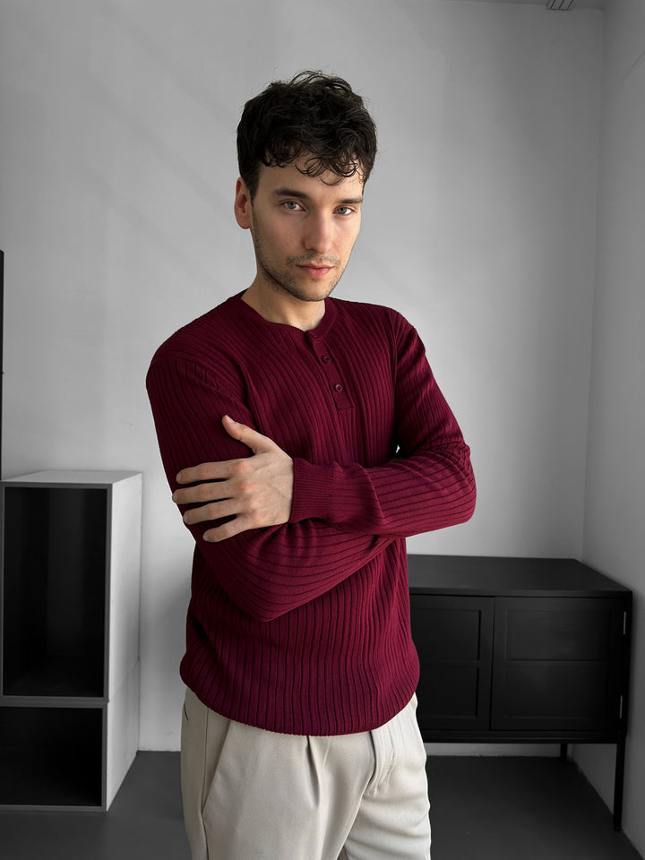 Slim Fit Button Knit Sweater - Bordeaux