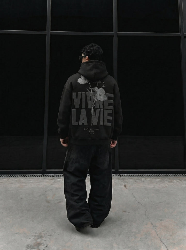 Oversize Vivre La Vie Hoodie - Black and Grey