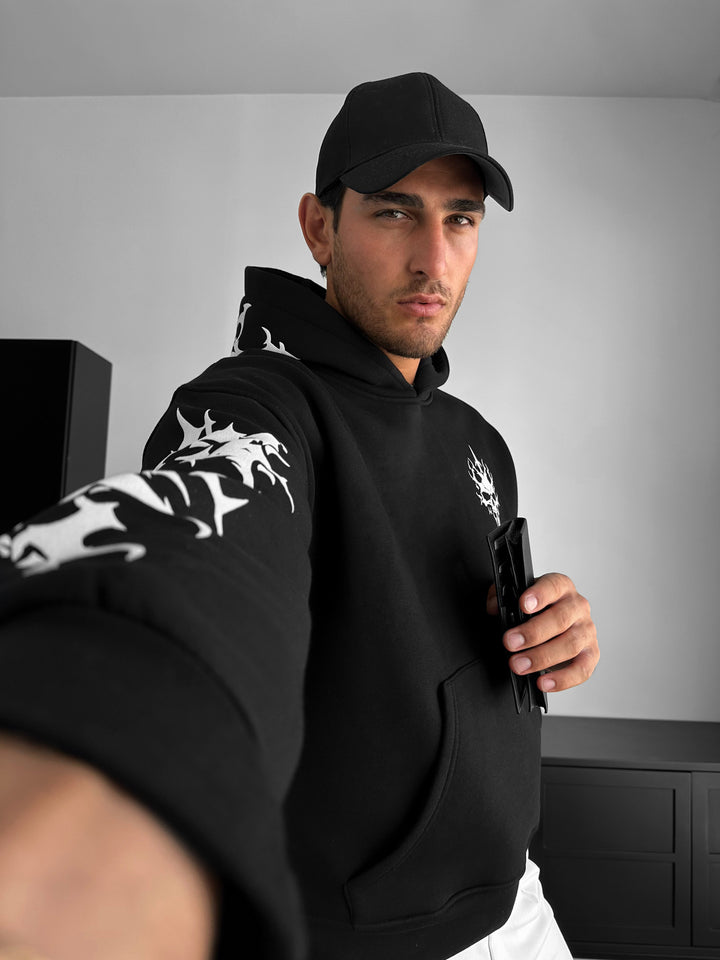 Oversize Skull Flame Hoodie - Black