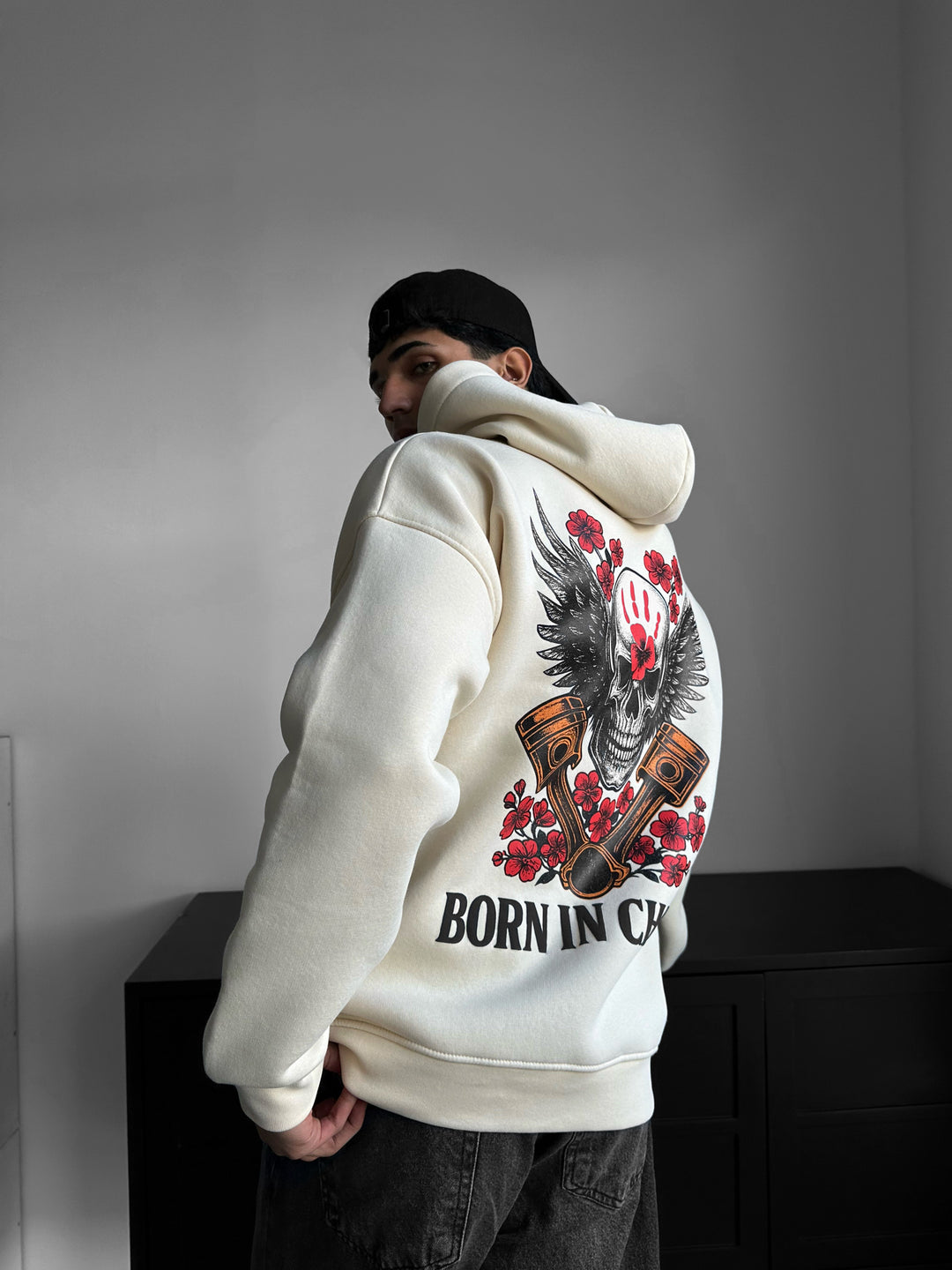 Oversize Skeleton Born in Chaos Hoodie - Antique White