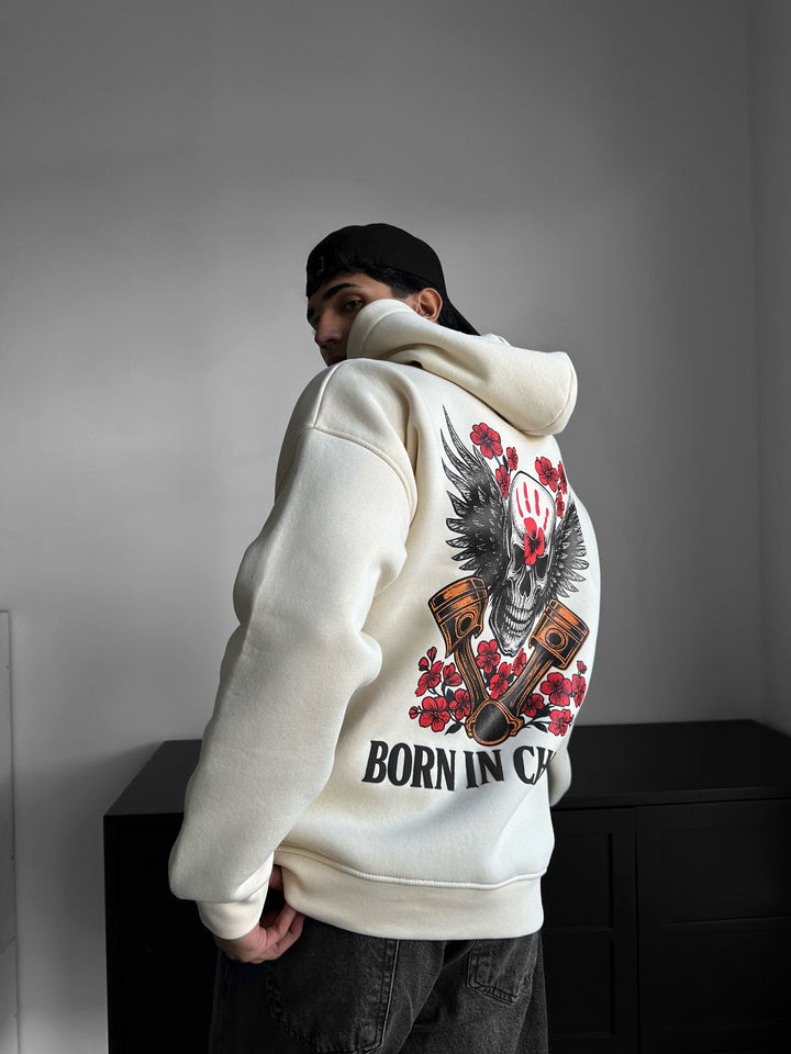 Oversize Skeleton Born in Chaos Hoodie - Antique White
