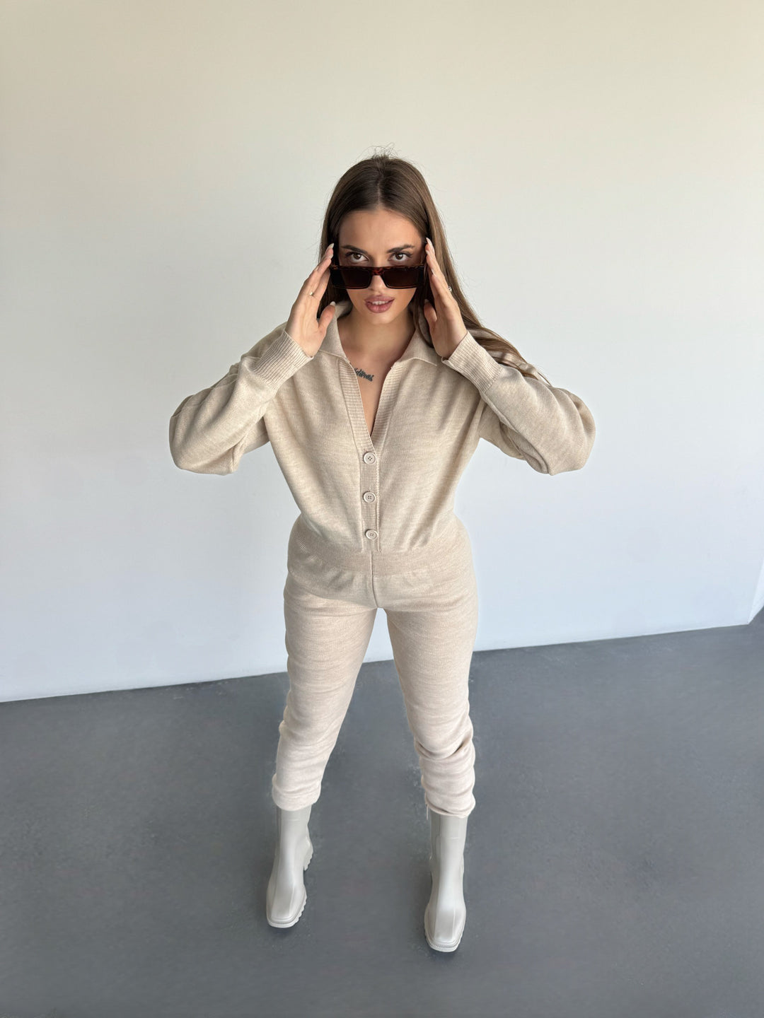 Long Arm Knit Jumpsuit - Beige