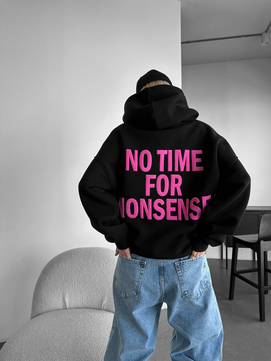 Oversize “No Time for Nonsense” Hoodie - Black