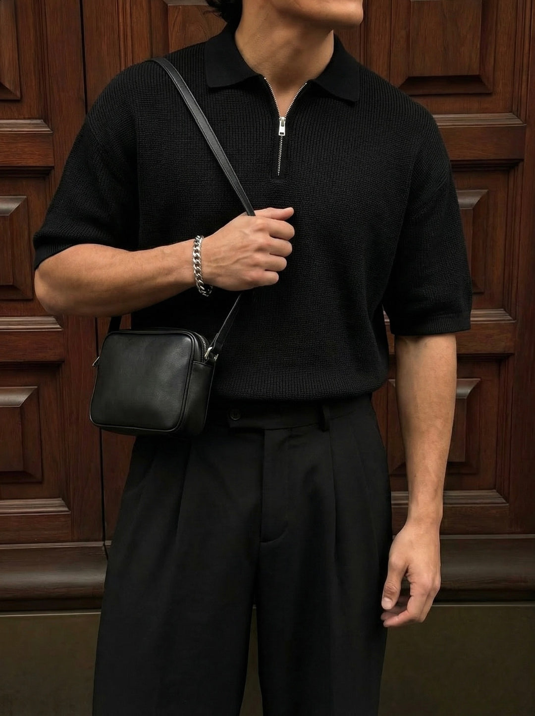 Oversize Zipper Knit Polo T-shirt - Black
