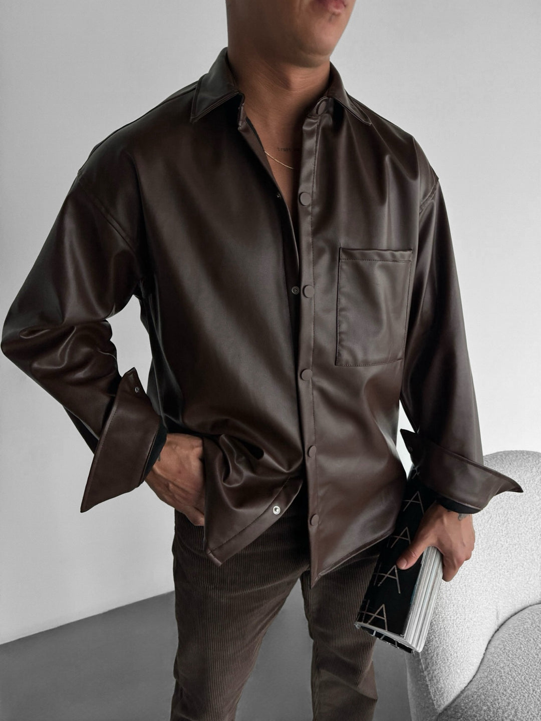 Oversize Leather Optik Shirt - Chocolate Brown