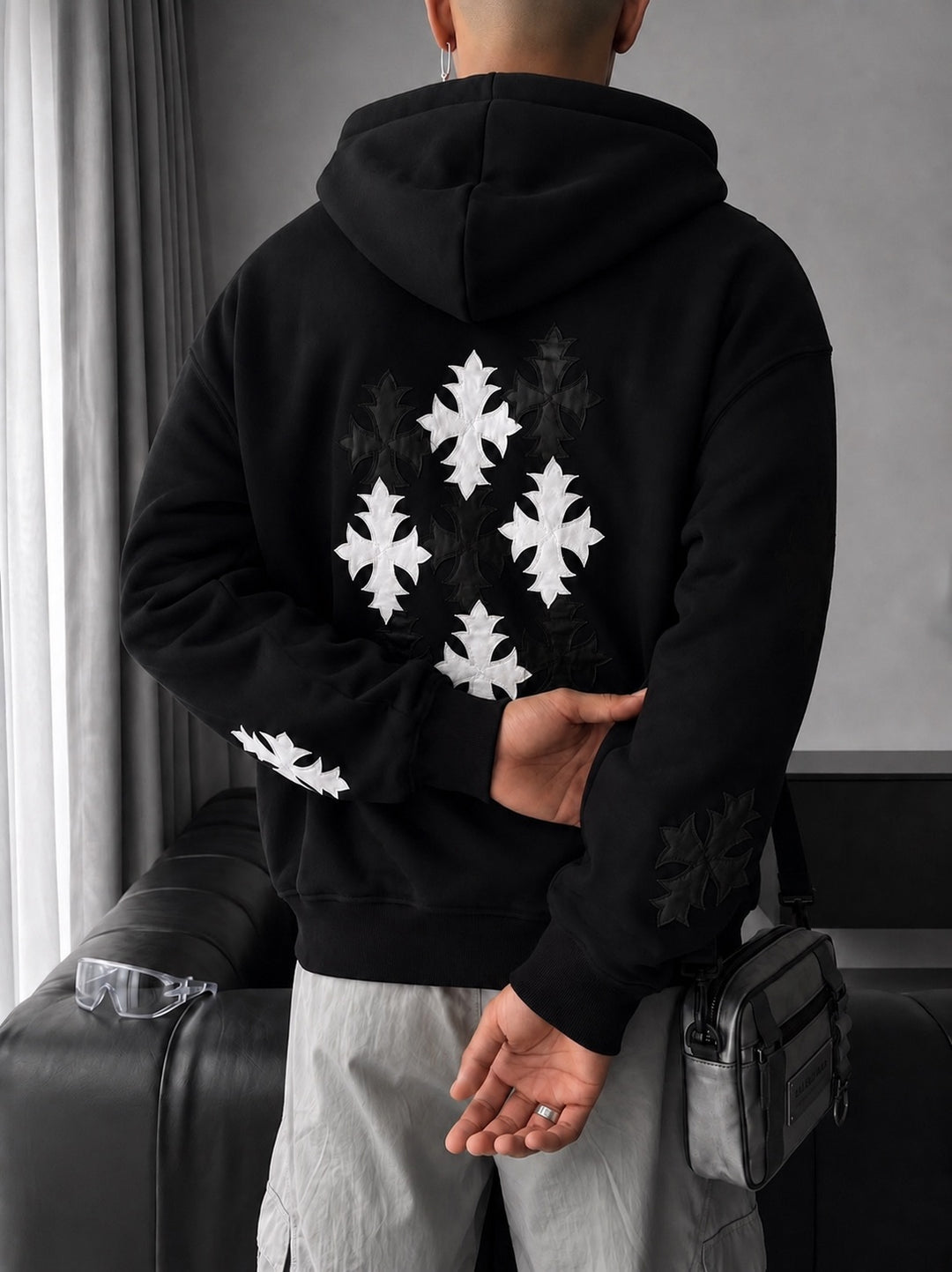 Oversize Gothic Cross Hoodie - Black