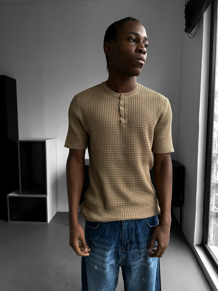Regular Fit Waffle Button T-shirt - Camel
