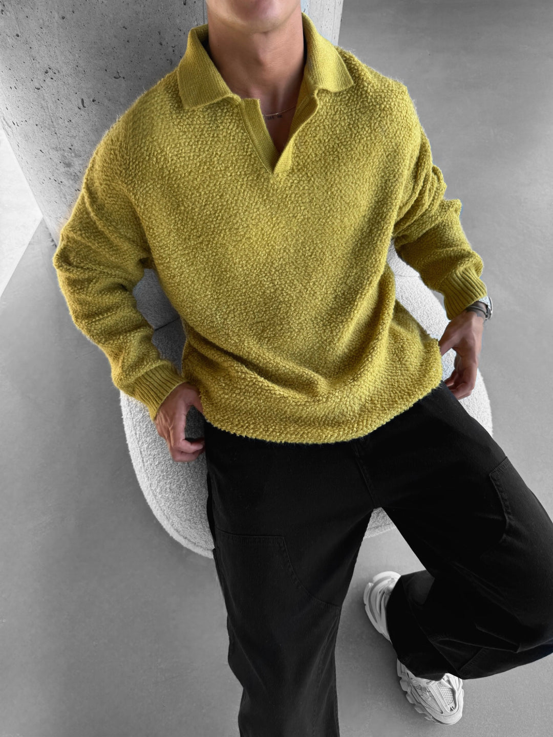 Oversize Collar Brushed Knit Sweater - Lemon