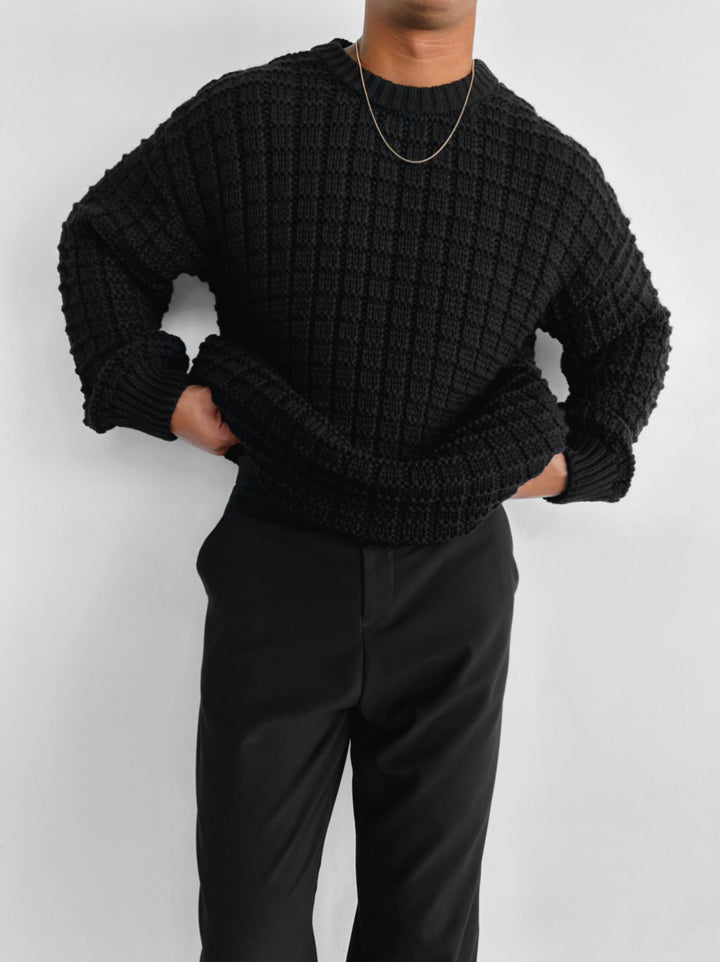 Oversize Grid Knit Sweater - Black