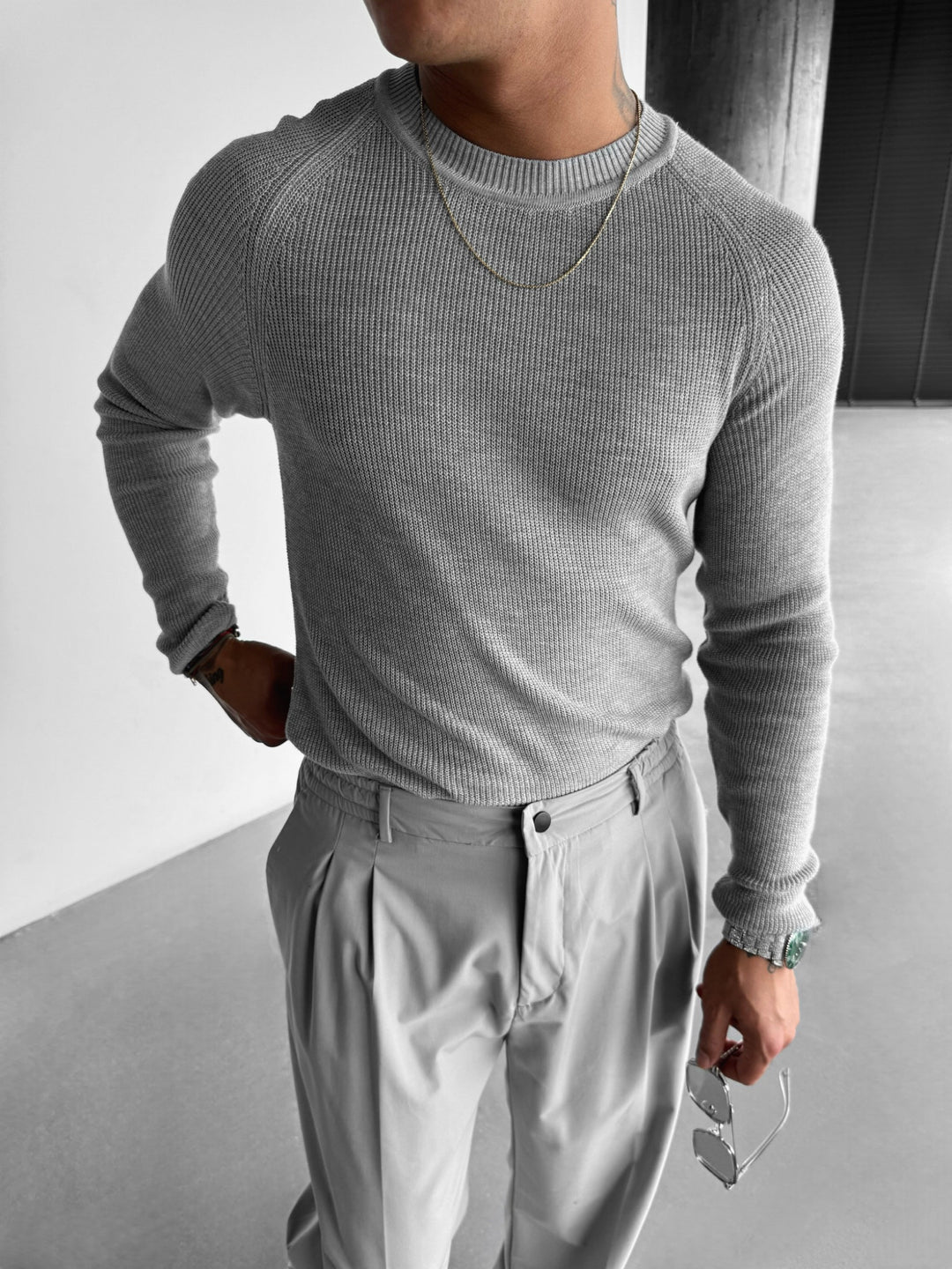 Slim Fit Knit Sweater - Grey