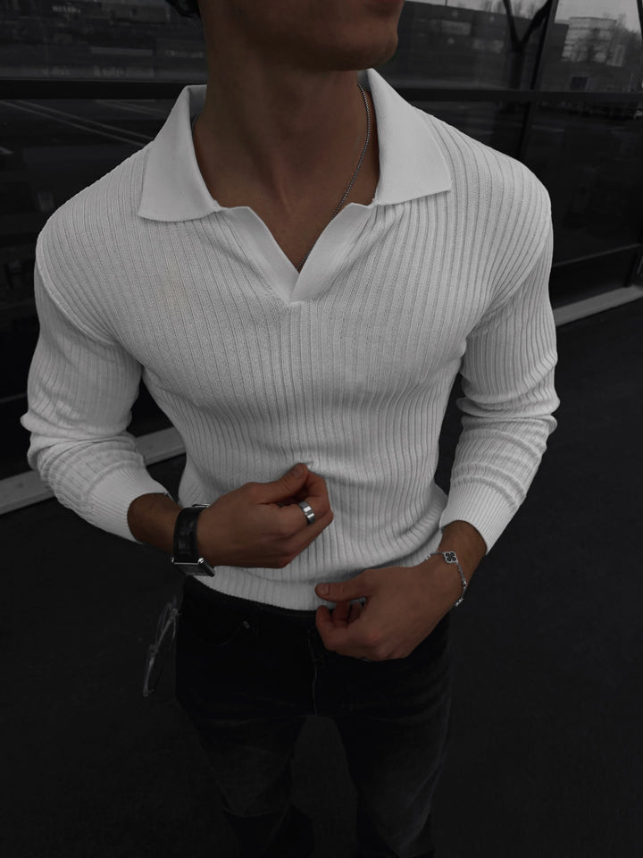 Slim Fit Knit Polo Sweater - Ecru
