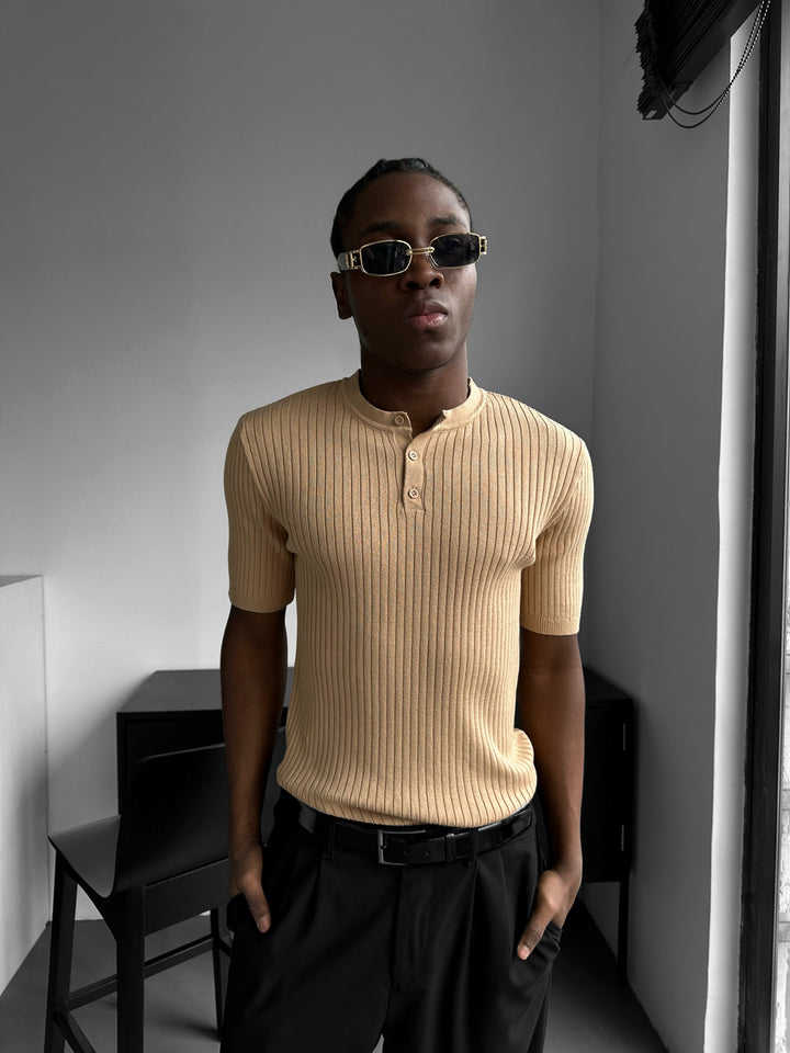 Slim Fit Button Knit T-shirt - Beige