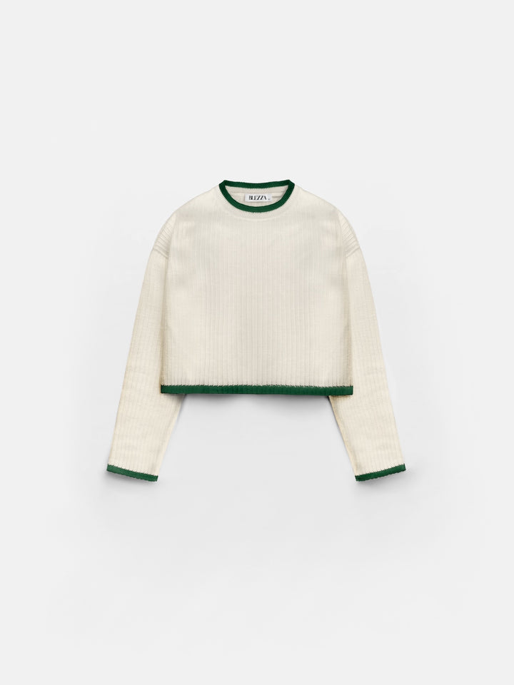 Short Details Knit Pullover - Creme and Green