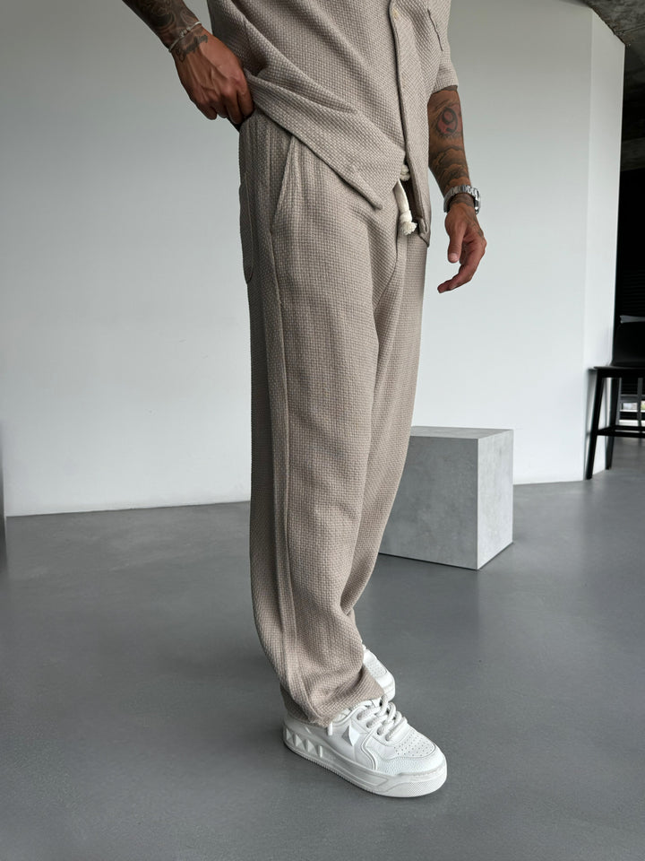 Loose Fit Basket Pattern Trousers - Beige