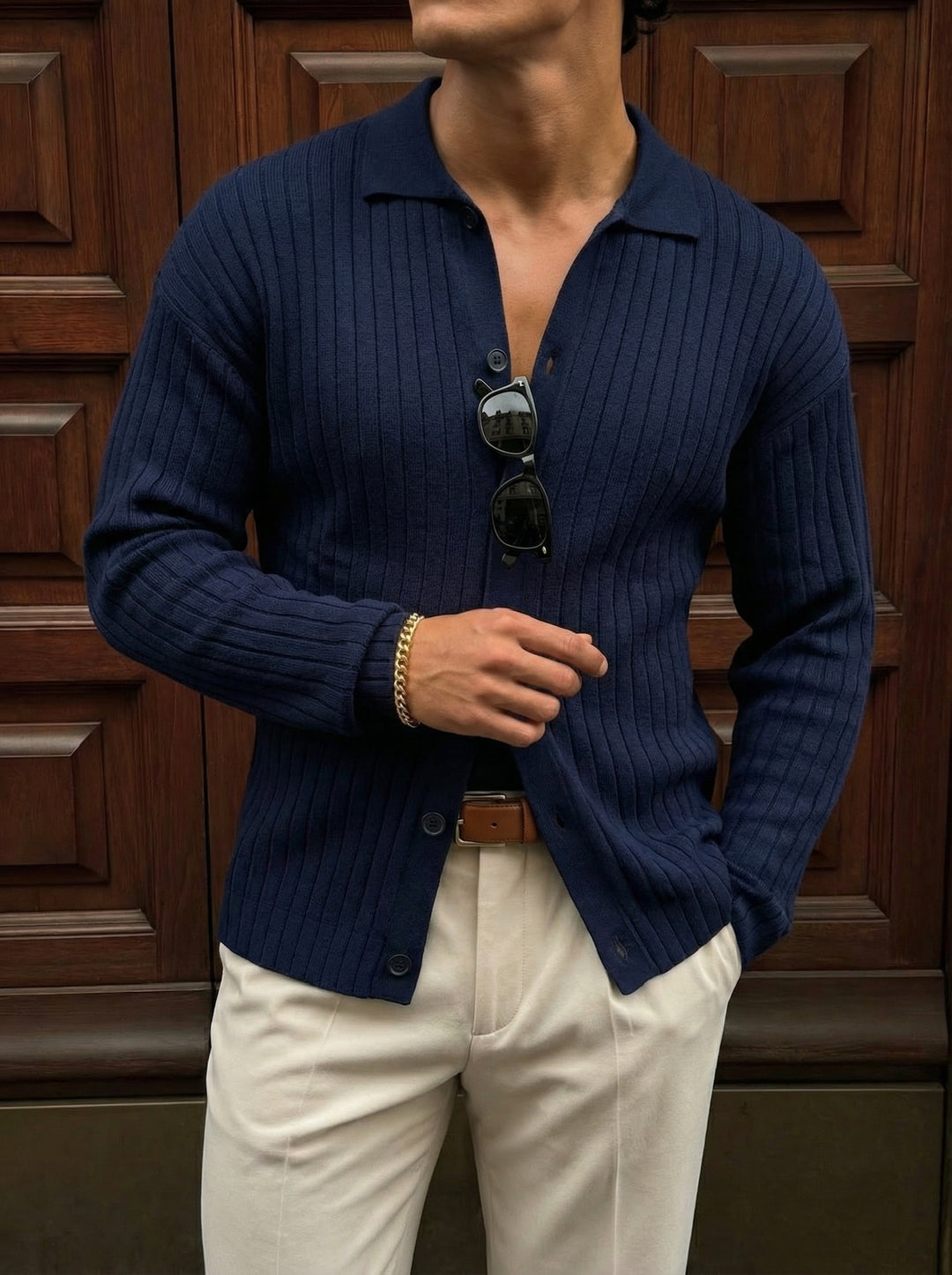 Oversize Wide Ribbed Long Arm Knit Shirt - Navy Blue