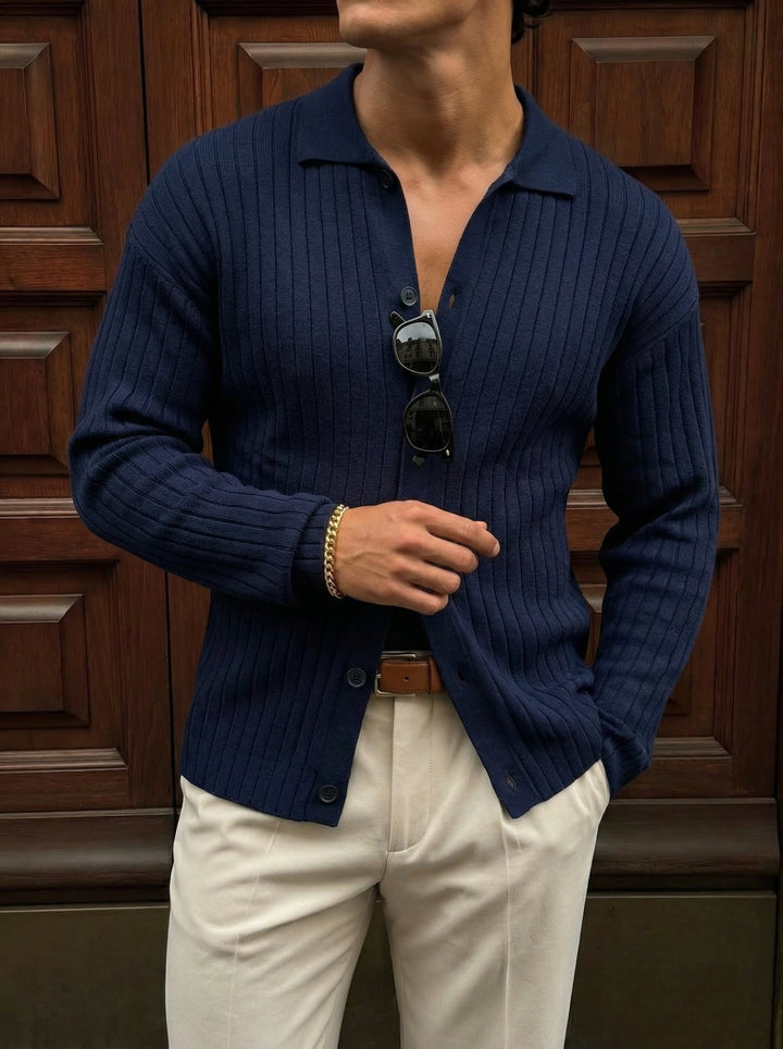 Oversize Wide Ribbed Long Arm Knit Shirt - Navy Blue