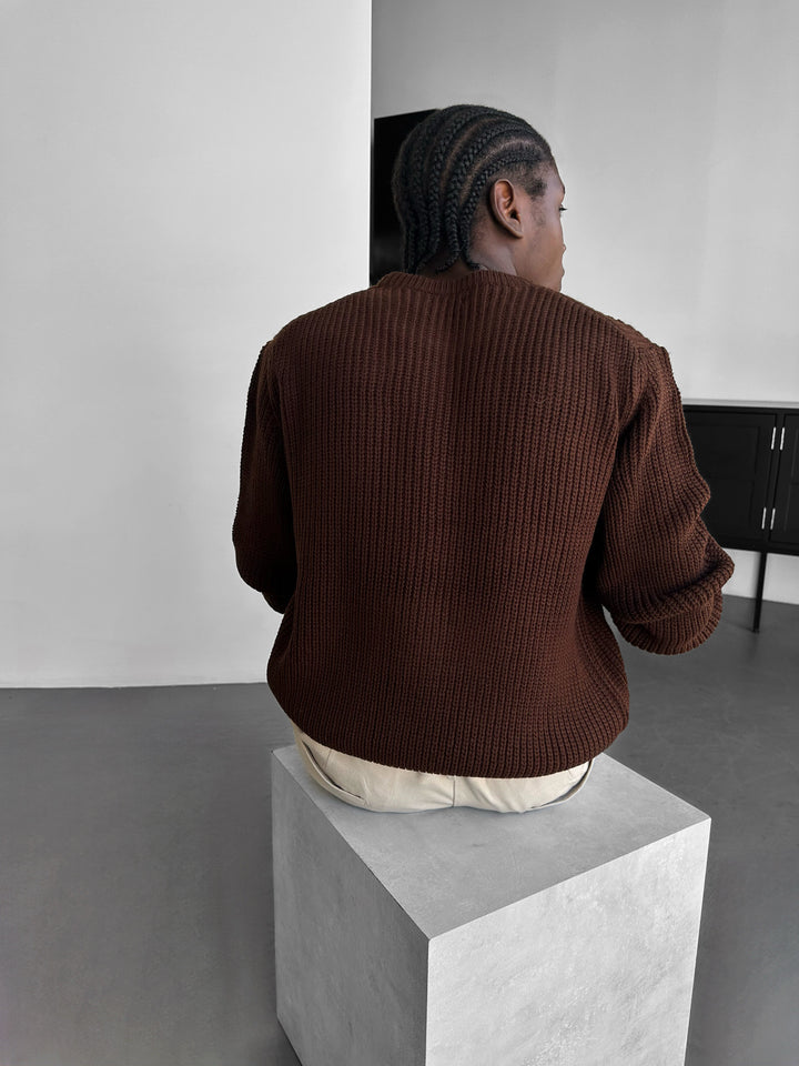 Oversize Structured Knit Sweater - Dark Brown