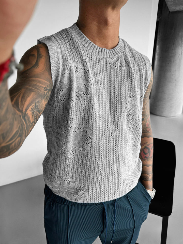 Oversize Flowers Knit Tank Top - Grey