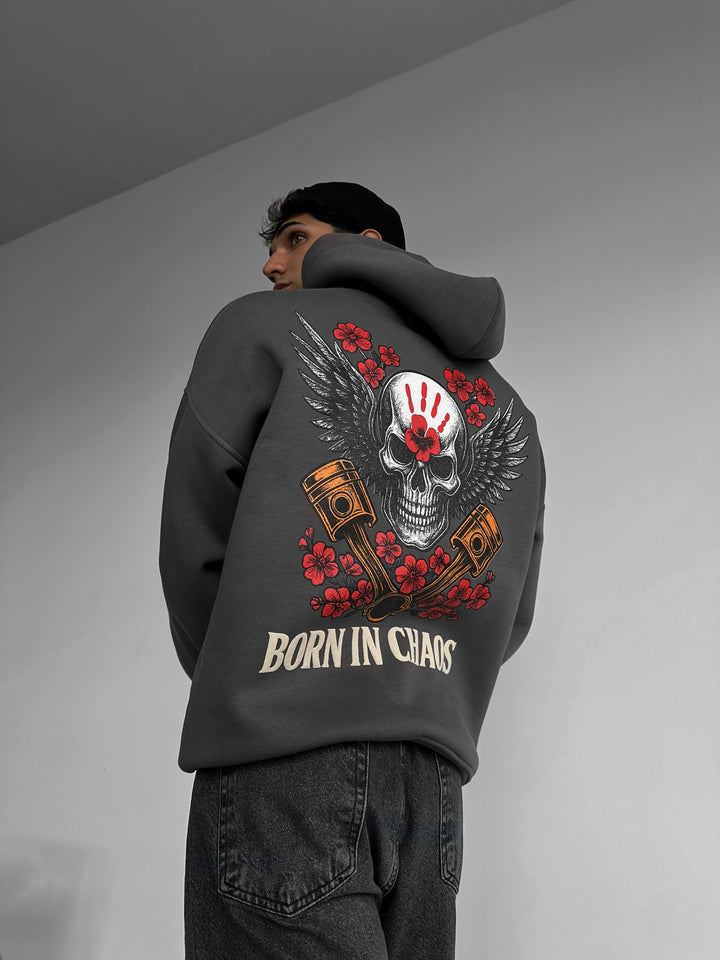 Oversize Skeleton Born in Chaos Hoodie - Anthracite
