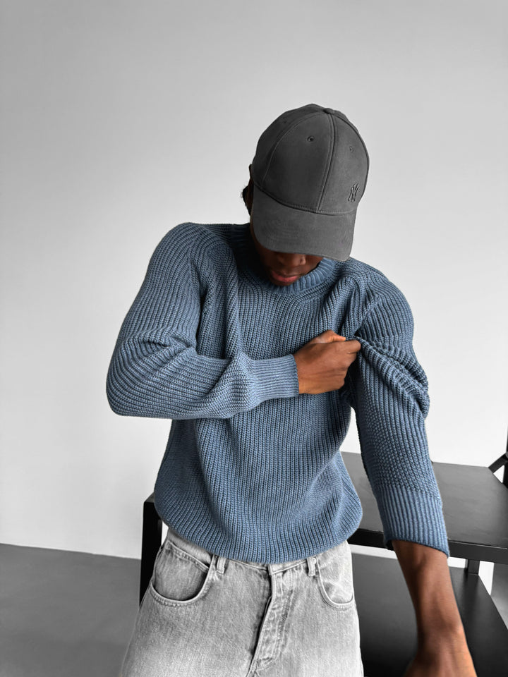 Oversize Washed Knit Sweater - Dark Blue