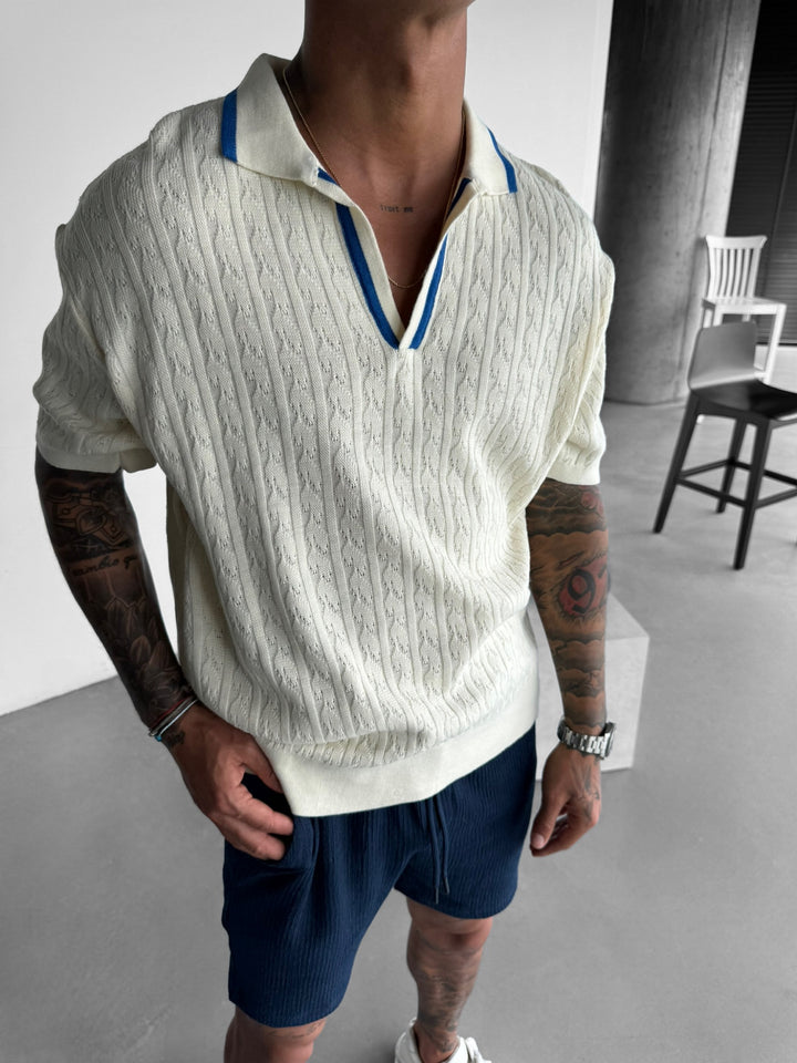 Oversize Structured Polo T-Shirt - Ecru and Blue