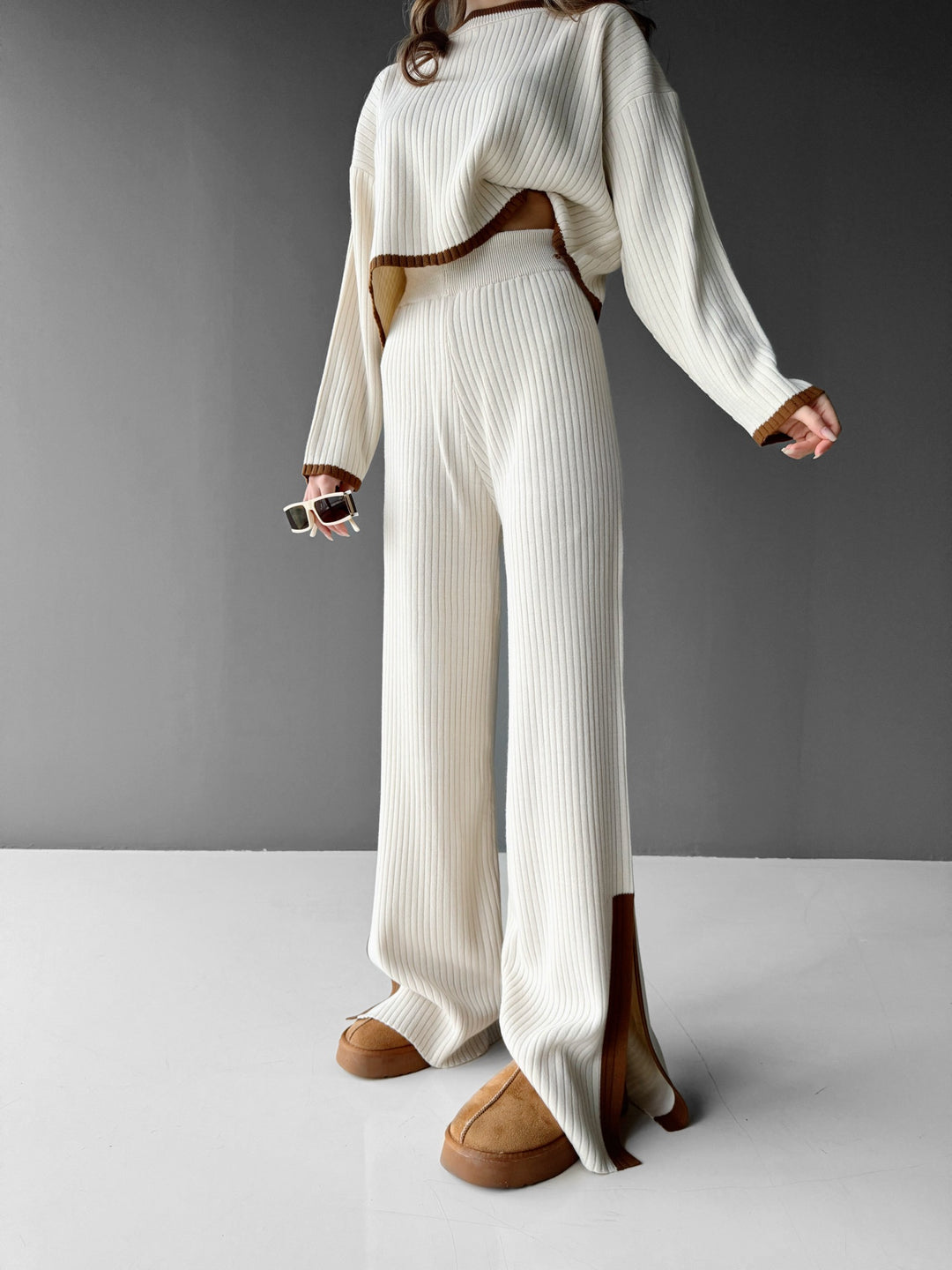 Wide Leg Details Knit Trousers - Creme and Brown